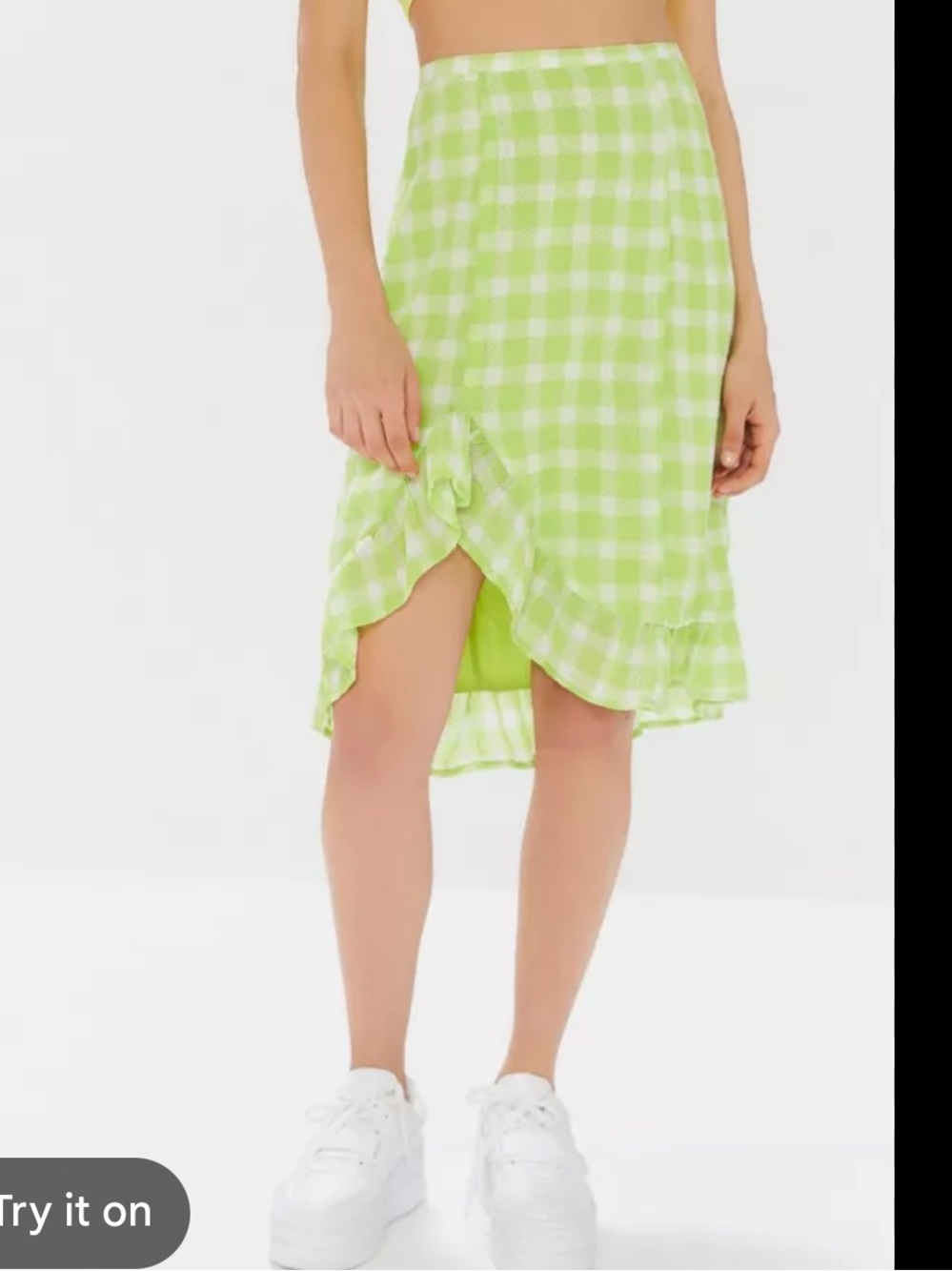 Urban Outfitters Lime Green Gingham Ruffle Wrap Midi Skirt